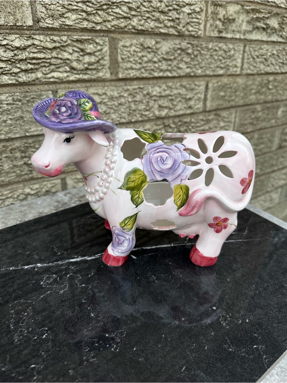 Decorative Ceramic Cow Figurine with Floral Hat votive  holder